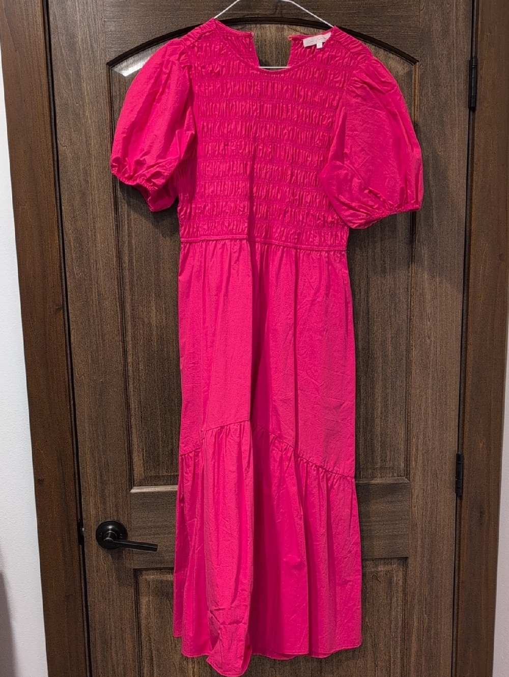 Ces Femme Hot Pink Midi Dress with Puff Sleeves